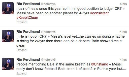 Rio Ferdinand tweet Bale