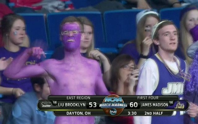 (GIF) Man wearing only glasses and body paint gets overexcited by March Madness