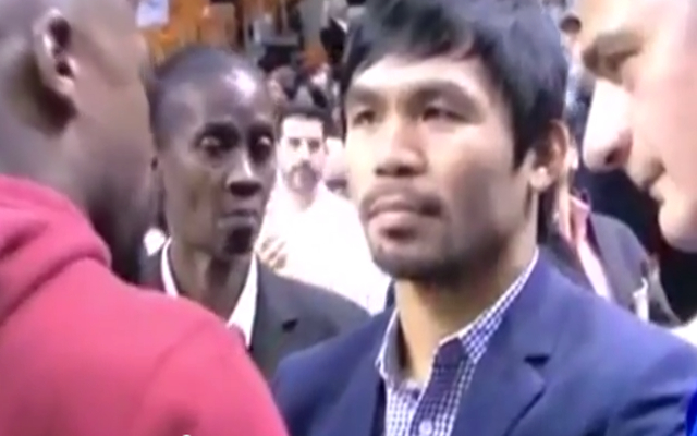 (Video) Floyd Mayweather and Manny Pacquiao meet and chat for first time at Miami Heat v Milwaukee Bucks NBA game
