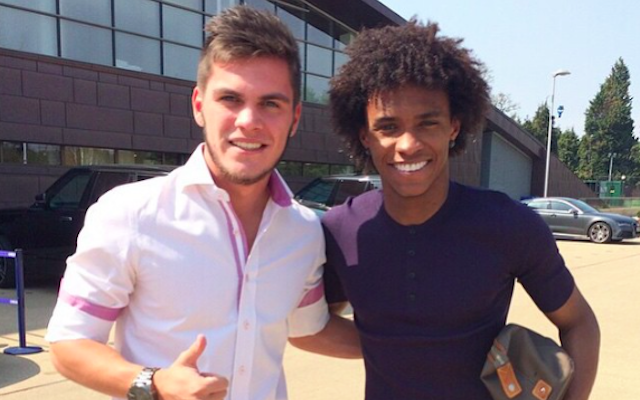 Chelsea new boy poses with Willian at Cobham training ground